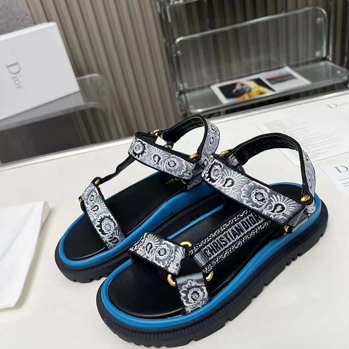 Dior Women CD D-Wave Sandal Denim Blue Multicolor Embroidered Cotton Butterfly Bandana Motif