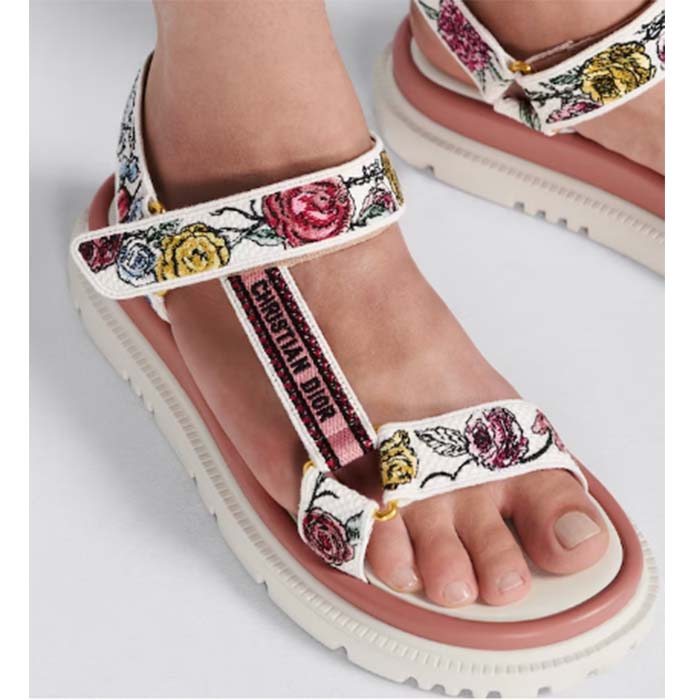 Dior Women CD D-Wave Sandal White Multicolor Florilegio Embroidered Cotton