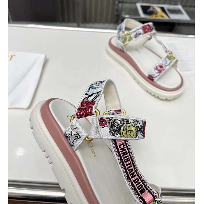 Dior Women CD D-Wave Sandal White Multicolor Florilegio Embroidered Cotton