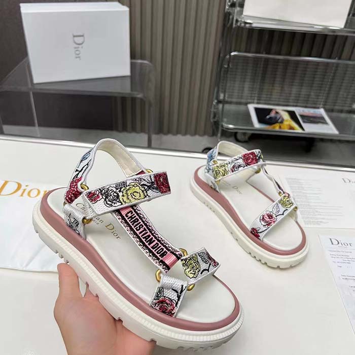 Dior Women CD D-Wave Sandal White Multicolor Florilegio Embroidered Cotton