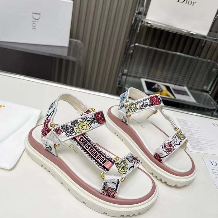 Dior Women CD D-Wave Sandal White Multicolor Florilegio Embroidered Cotton