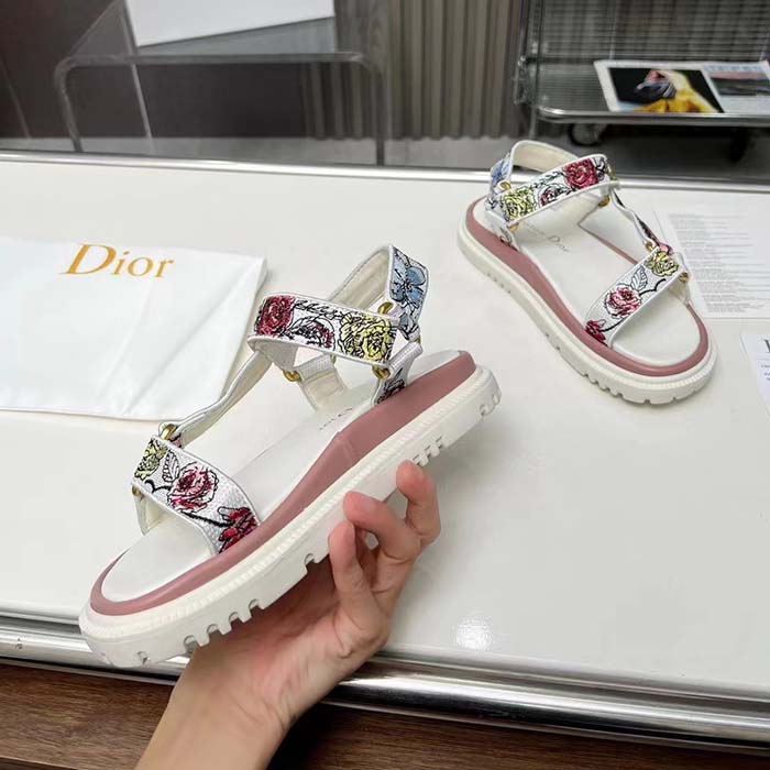 Dior Women CD D-Wave Sandal White Multicolor Florilegio Embroidered Cotton
