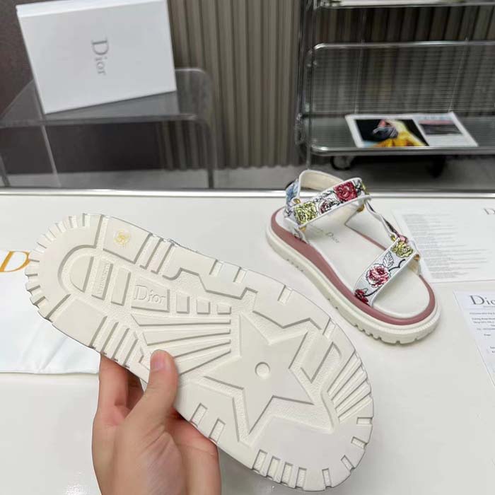Dior Women CD D-Wave Sandal White Multicolor Florilegio Embroidered Cotton