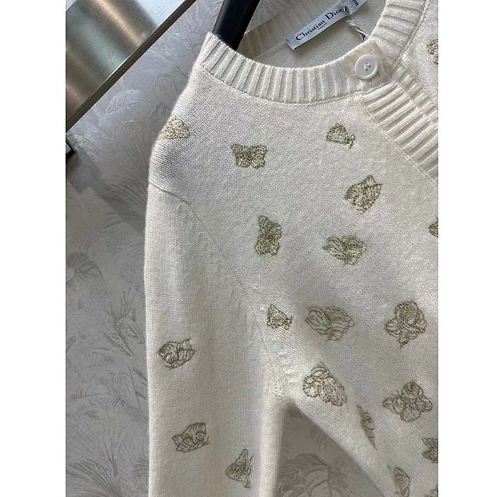 Dior Women CD Embroidered Cardigan Wool Cashmere Knit Gold-Tone White Gradient Butterflies Motif