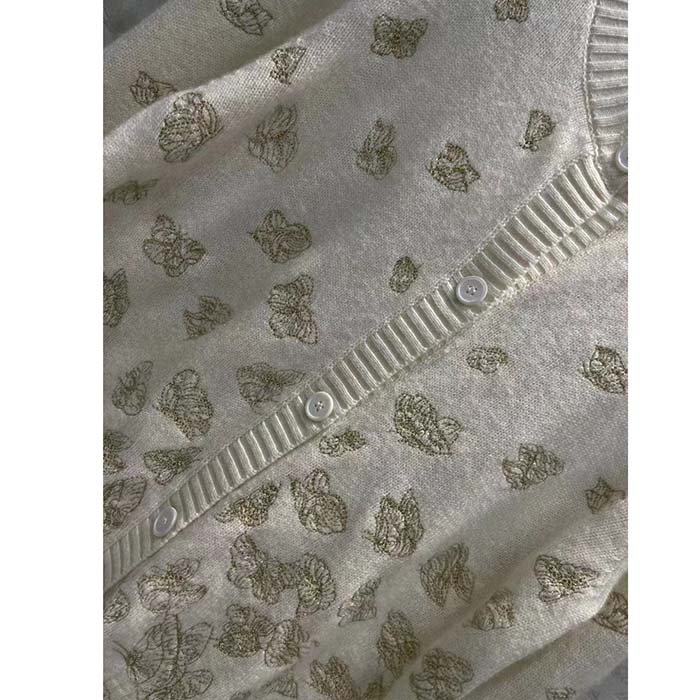 Dior Women CD Embroidered Cardigan Wool Cashmere Knit Gold-Tone White Gradient Butterflies Motif