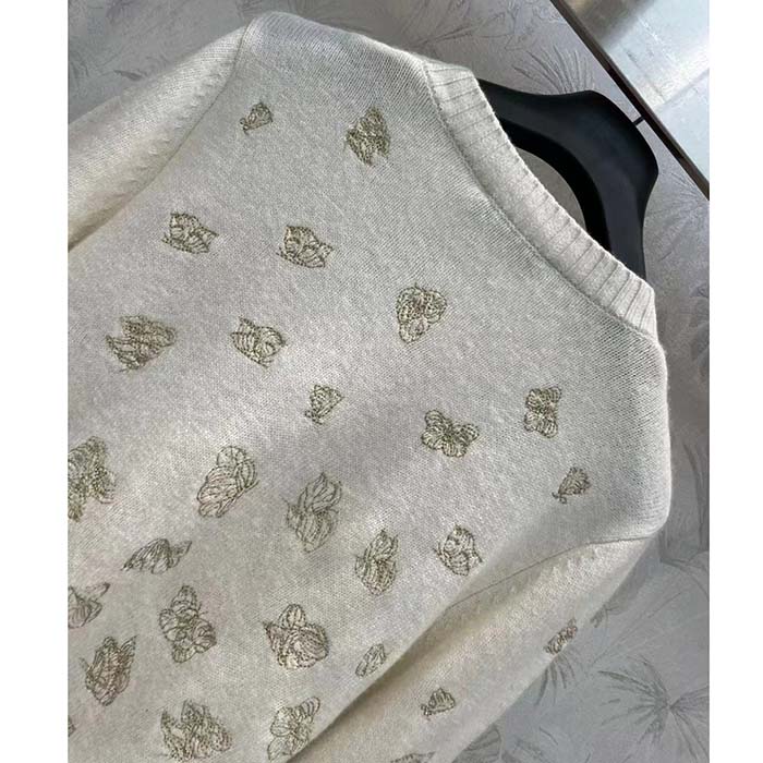 Dior Women CD Embroidered Cardigan Wool Cashmere Knit Gold-Tone White Gradient Butterflies Motif