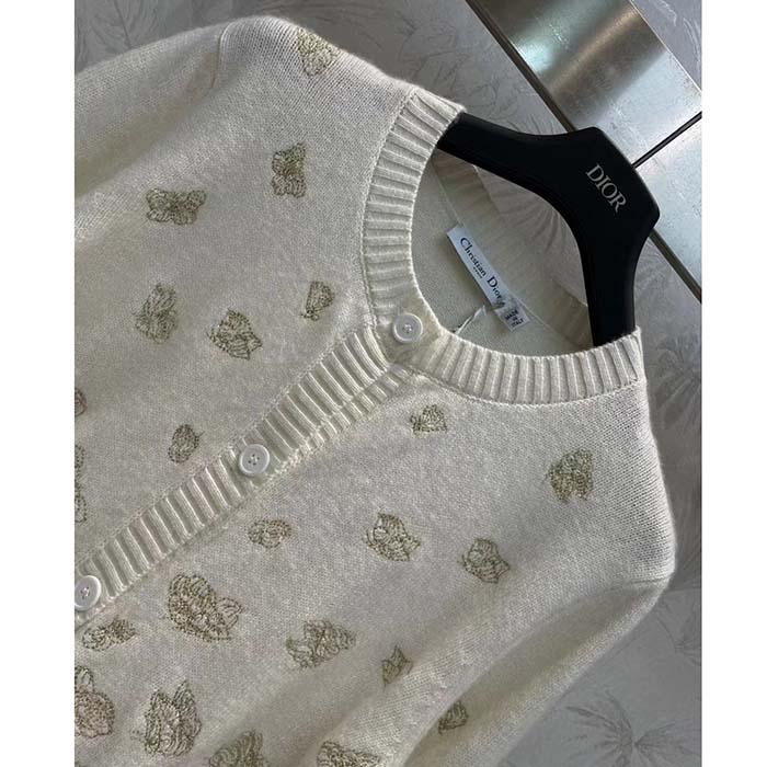 Dior Women CD Embroidered Cardigan Wool Cashmere Knit Gold-Tone White Gradient Butterflies Motif