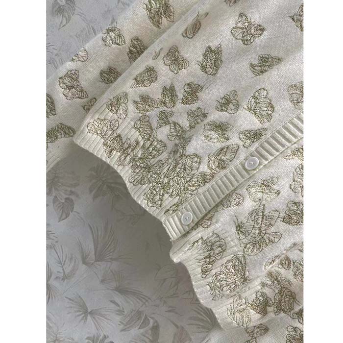 Dior Women CD Embroidered Cardigan Wool Cashmere Knit Gold-Tone White Gradient Butterflies Motif