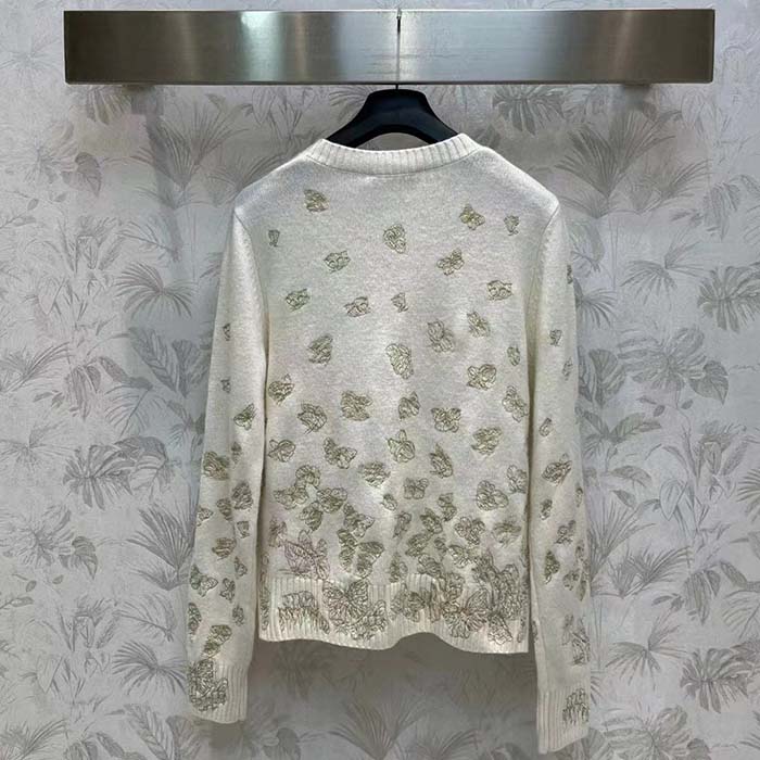 Dior Women CD Embroidered Cardigan Wool Cashmere Knit Gold-Tone White Gradient Butterflies Motif