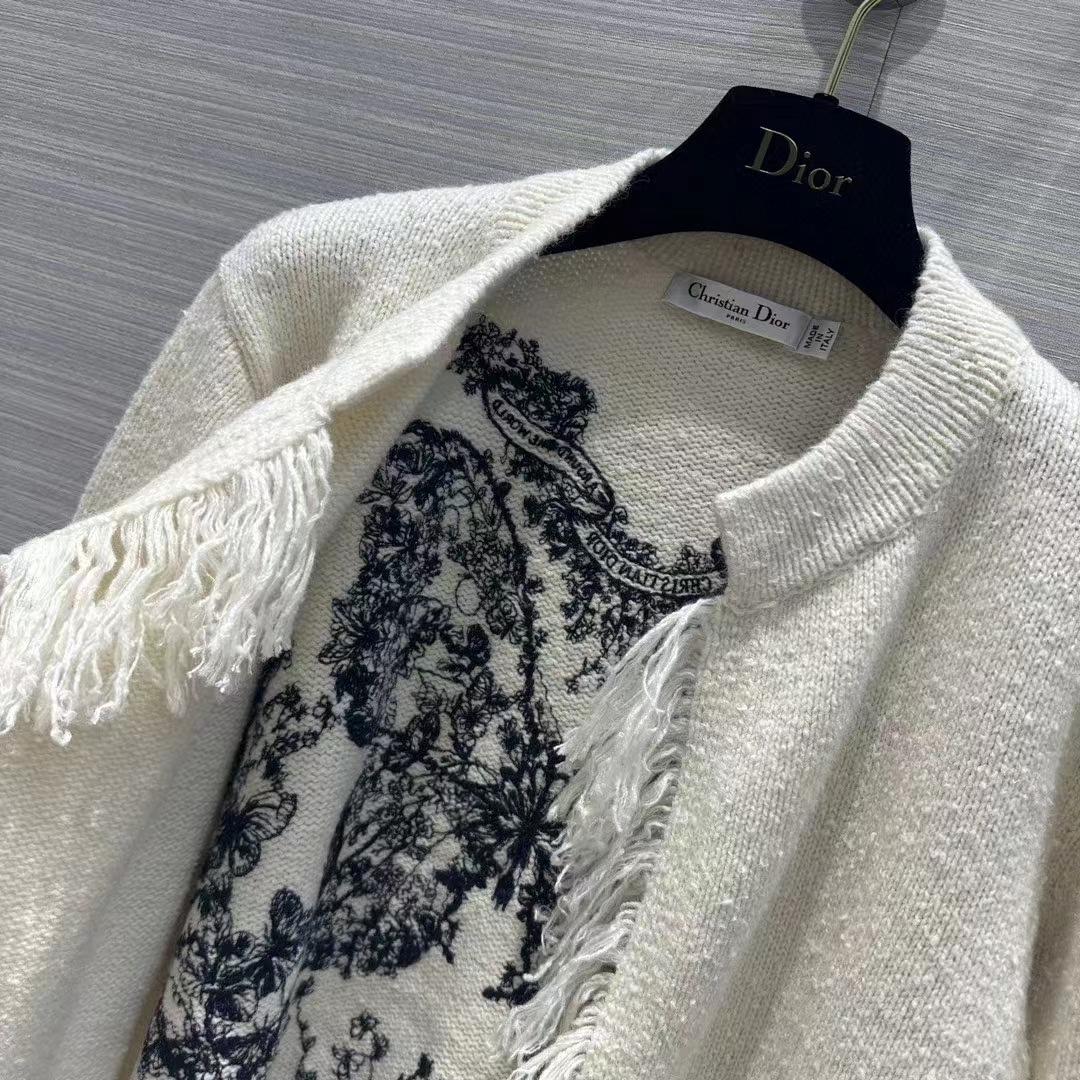 Dior Women CD Embroidered Jacket White Wool Cotton Alpaca Technical Knit Pastel Midnight Blue Butterfly