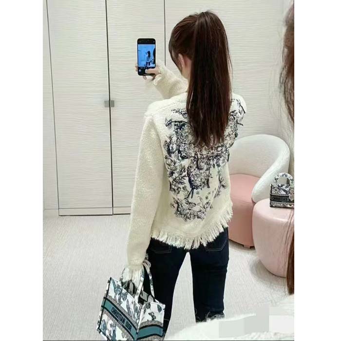 Dior Women CD Embroidered Jacket White Wool Cotton Alpaca Technical Knit Pastel Midnight Blue Butterfly