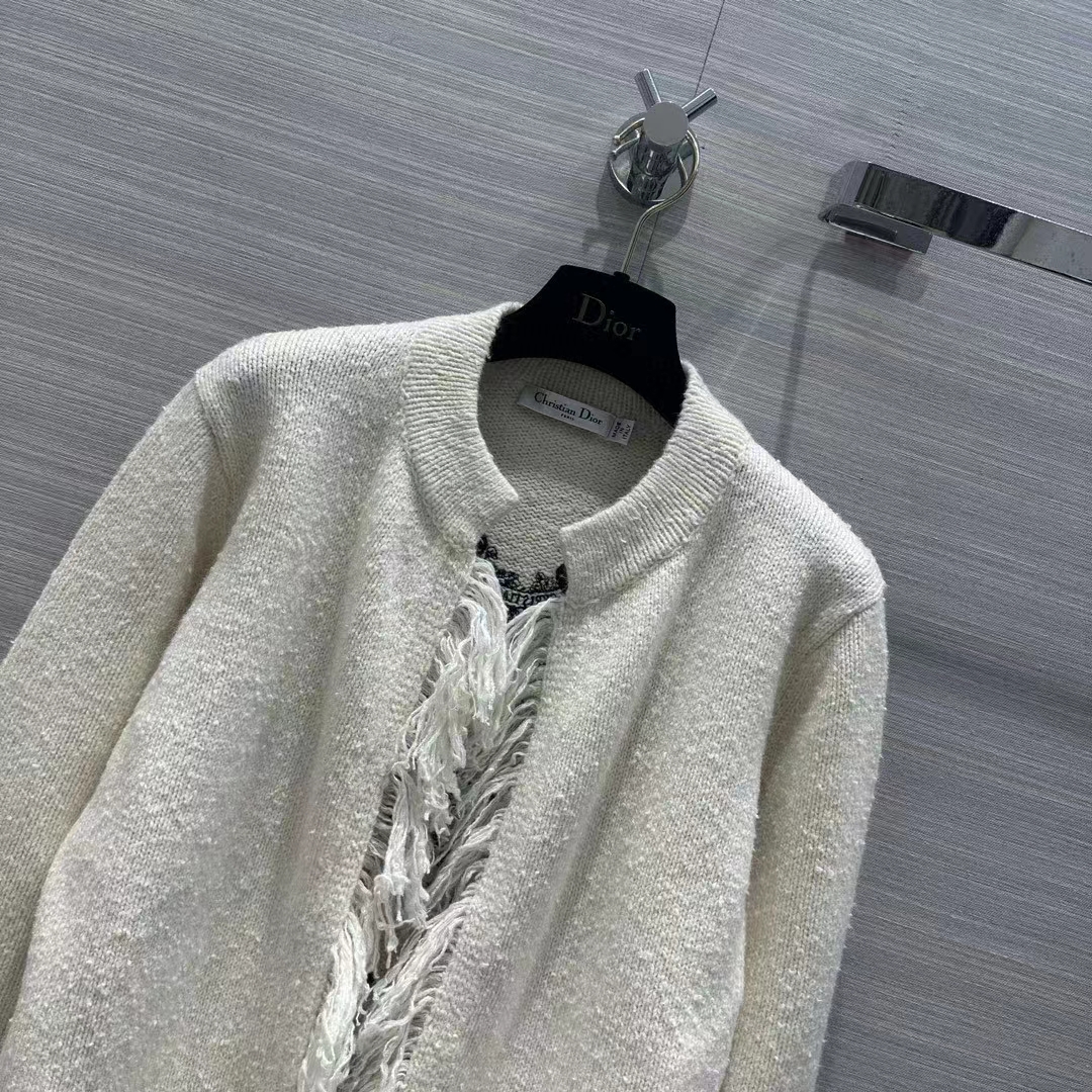 Dior Women CD Embroidered Jacket White Wool Cotton Alpaca Technical Knit Pastel Midnight Blue Butterfly