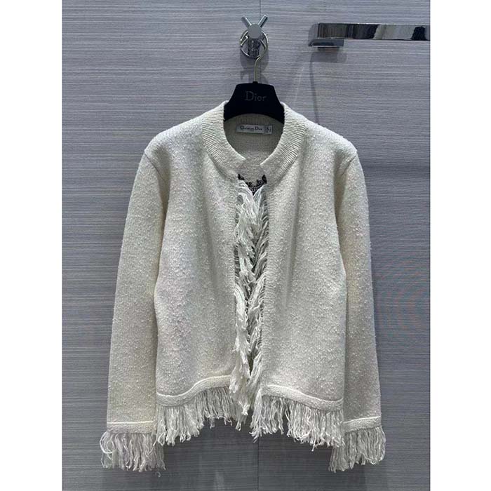 Dior Women CD Embroidered Jacket White Wool Cotton Alpaca Technical Knit Pastel Midnight Blue Butterfly