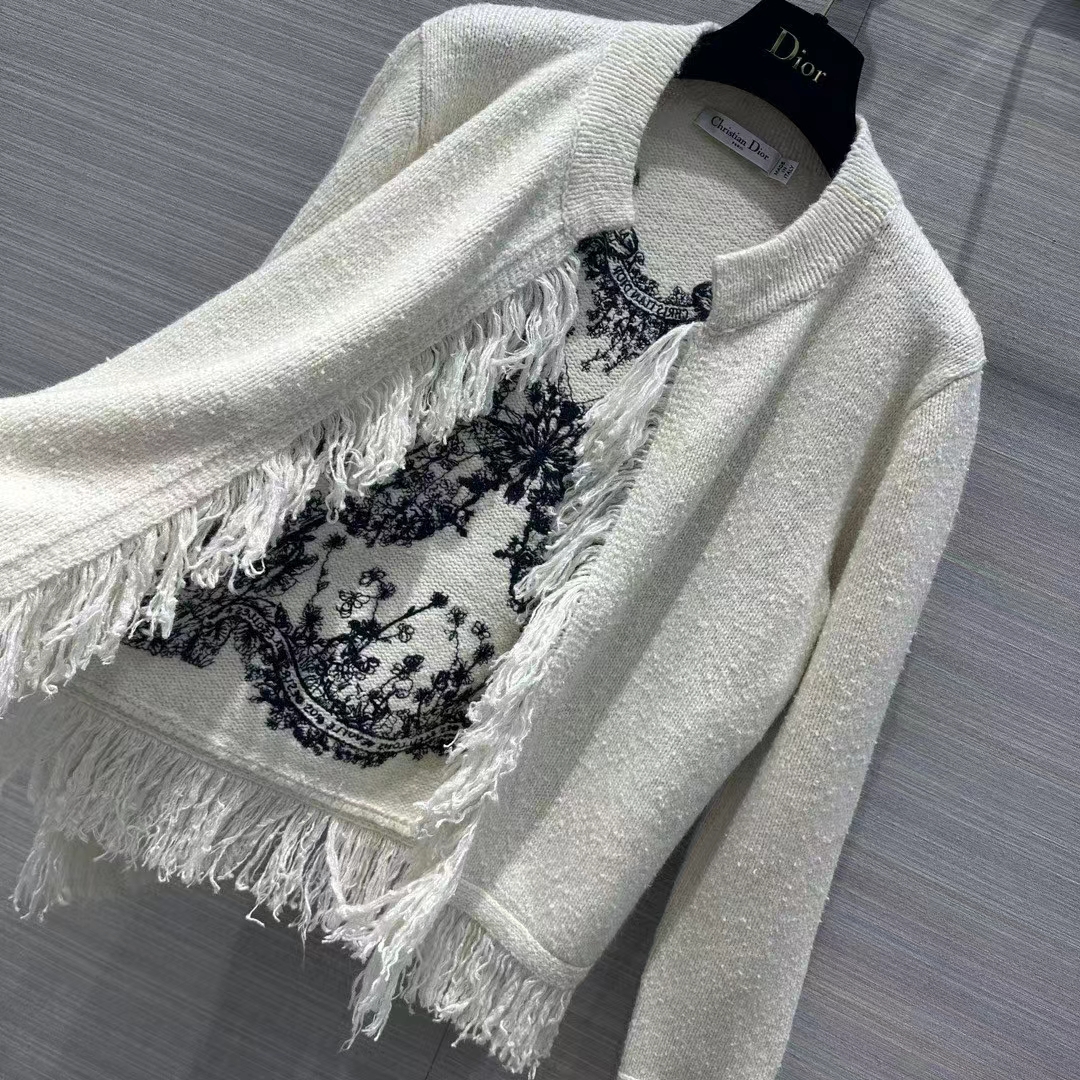 Dior Women CD Embroidered Jacket White Wool Cotton Alpaca Technical Knit Pastel Midnight Blue Butterfly