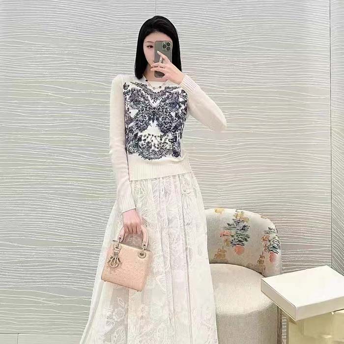 Dior Women CD Embroidered Sweater Ecru Cashmere Knit Pastel Midnight Blue Butterfly Around The World
