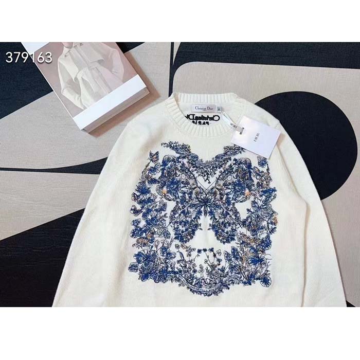 Dior Men CD Embroidered Sweater Ecru Cashmere Knit Pastel Midnight Blue Butterfly Around The World