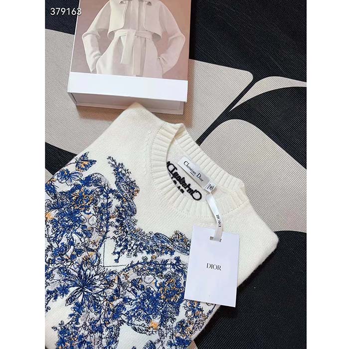Dior Men CD Embroidered Sweater Ecru Cashmere Knit Pastel Midnight Blue Butterfly Around The World