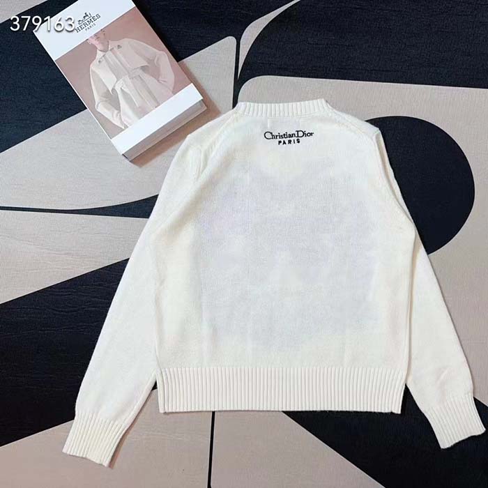Dior Men CD Embroidered Sweater Ecru Cashmere Knit Pastel Midnight Blue Butterfly Around The World