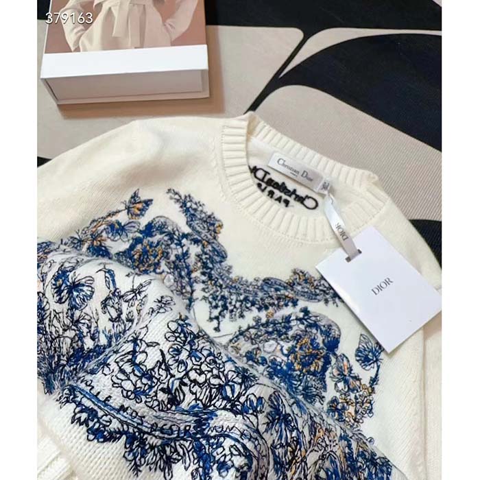 Dior Men CD Embroidered Sweater Ecru Cashmere Knit Pastel Midnight Blue Butterfly Around The World