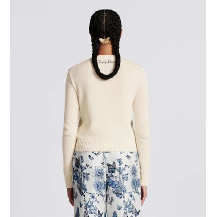 Dior Women CD Embroidered Sweater Ecru Cashmere Knit Pastel Midnight Blue Butterfly Around The World