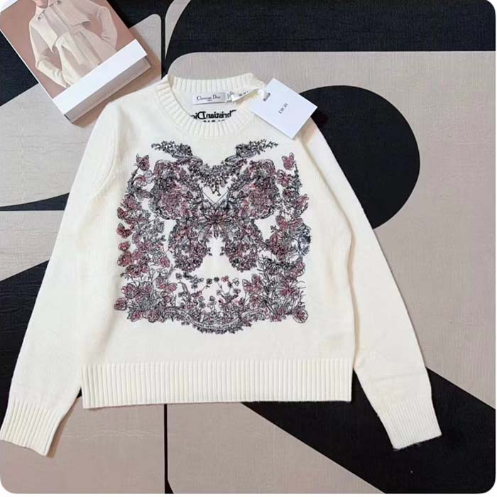 Dior Men CD Embroidered Sweater Ecru Cashmere Knit Pastel Pink Butterfly Around The World Motif