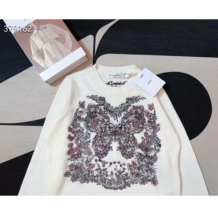 Dior Men CD Embroidered Sweater Ecru Cashmere Knit Pastel Pink Butterfly Around The World Motif