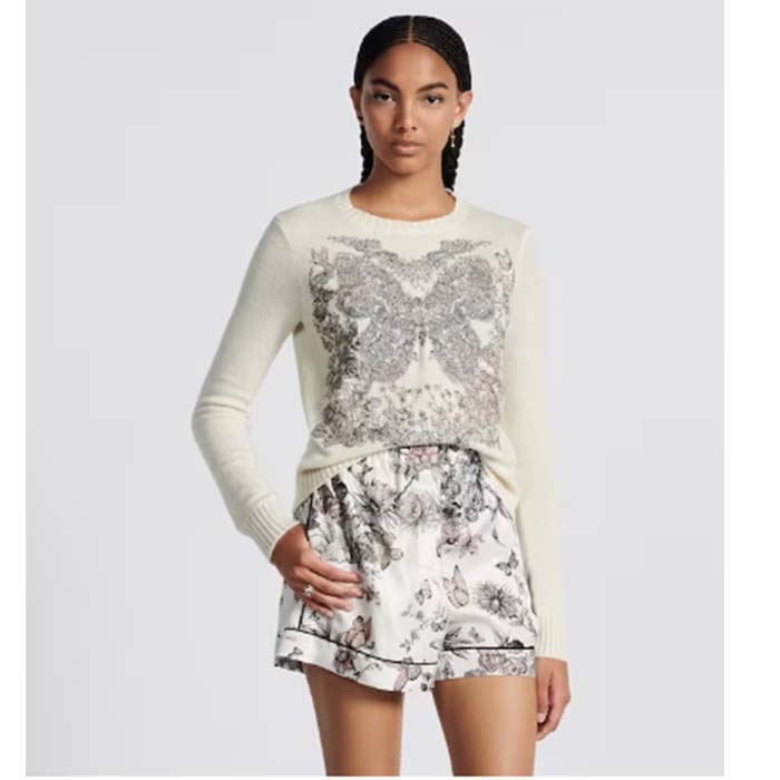 Dior Women CD Embroidered Sweater Ecru Cashmere Knit Pastel Pink Butterfly Around The World Motif