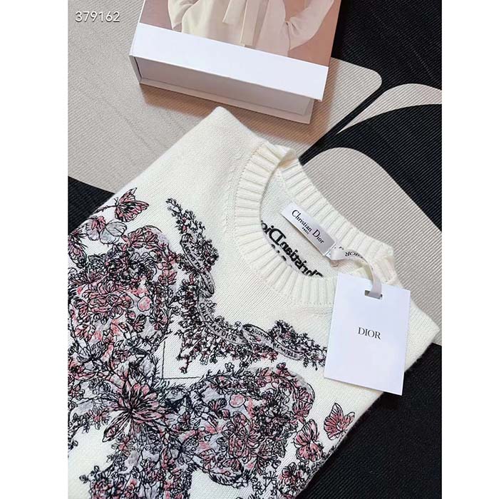 Dior Men CD Embroidered Sweater Ecru Cashmere Knit Pastel Pink Butterfly Around The World Motif