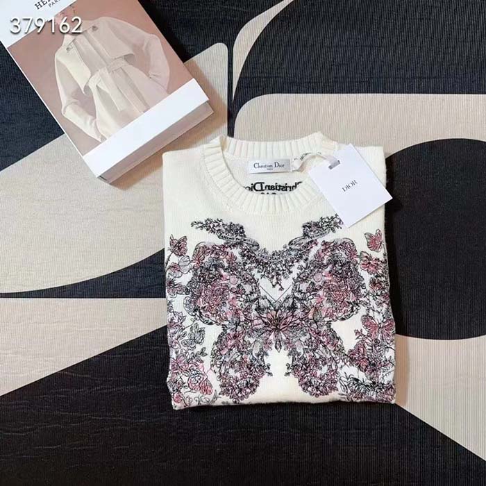 Dior Men CD Embroidered Sweater Ecru Cashmere Knit Pastel Pink Butterfly Around The World Motif