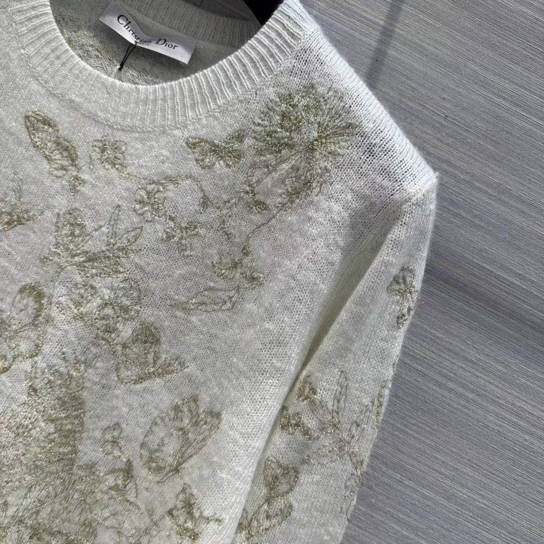 Dior Women CD Embroidered Sweater White Wool Cashmere Knit Gold-Tone Butterflies Motif