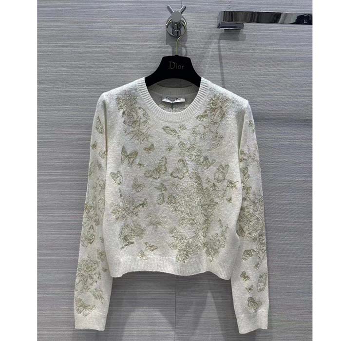 Dior Men CD Embroidered Sweater White Wool Cashmere Knit Gold-Tone Butterflies Motif