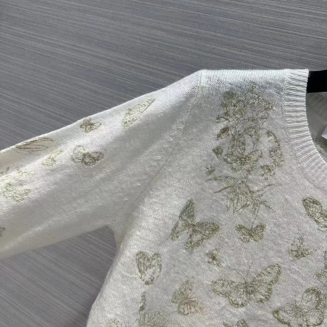 Dior Women CD Embroidered Sweater White Wool Cashmere Knit Gold-Tone Butterflies Motif