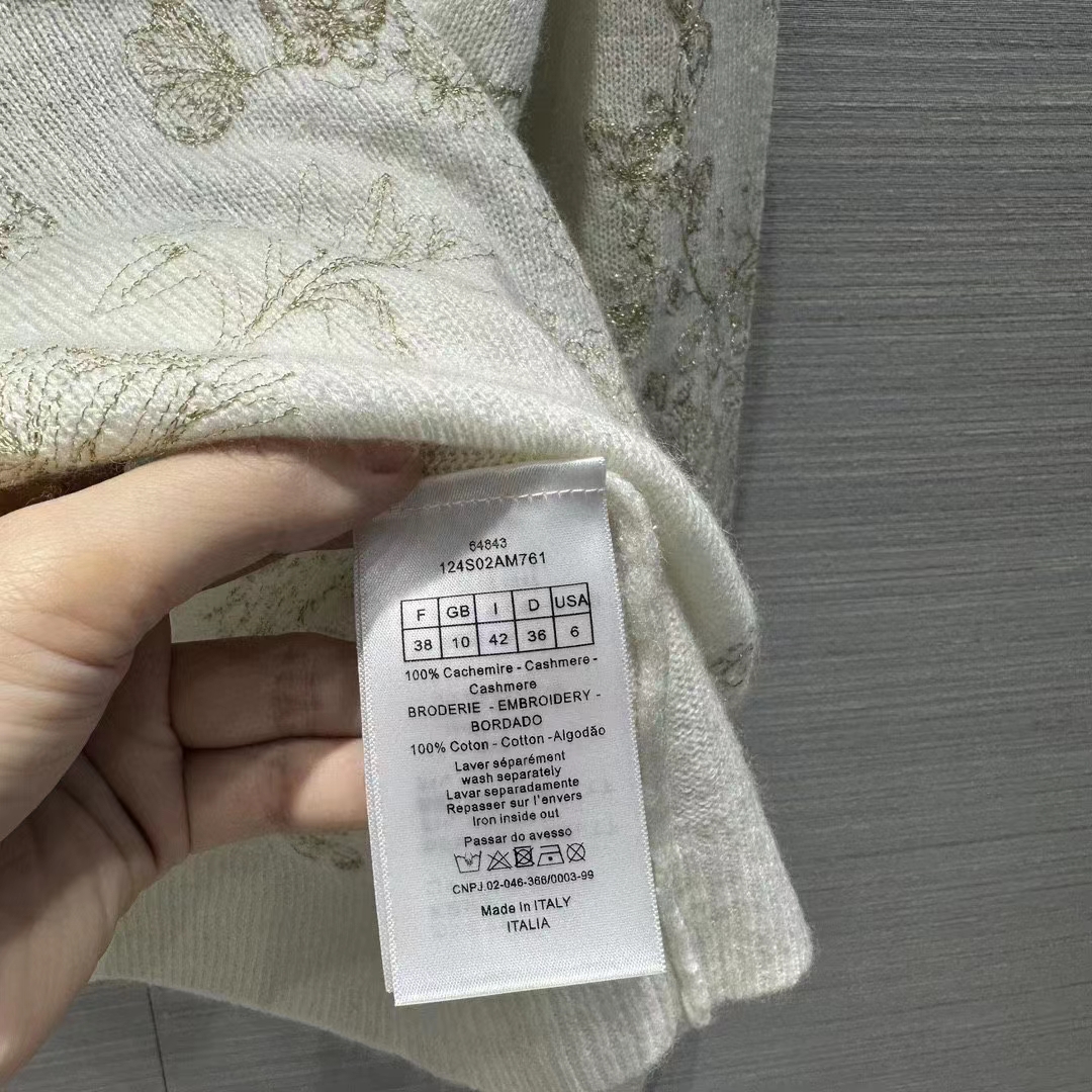 Dior Women CD Embroidered Sweater White Wool Cashmere Knit Gold-Tone Butterflies Motif