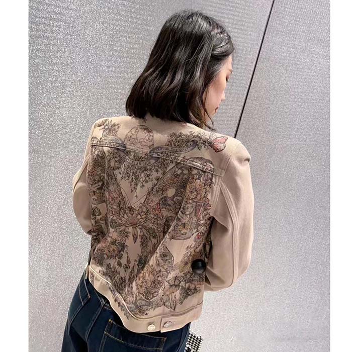Dior Women CD Jacket Beige Cotton Denim Multicolor Butterfly Around The World Motif