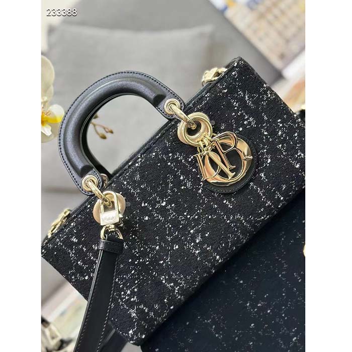 Dior Women CD Medium Lady D-Joy Bag Black Cannage Tweed