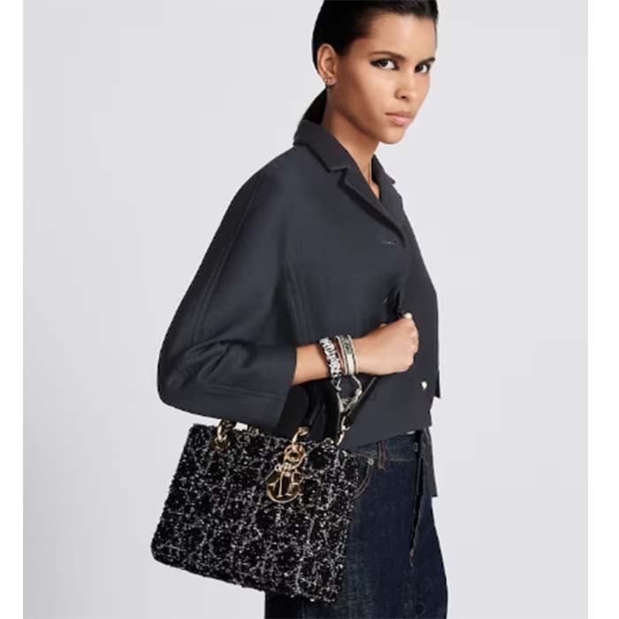 Dior Women CD Medium Lady D-Lite Bag Black Cannage Tweed