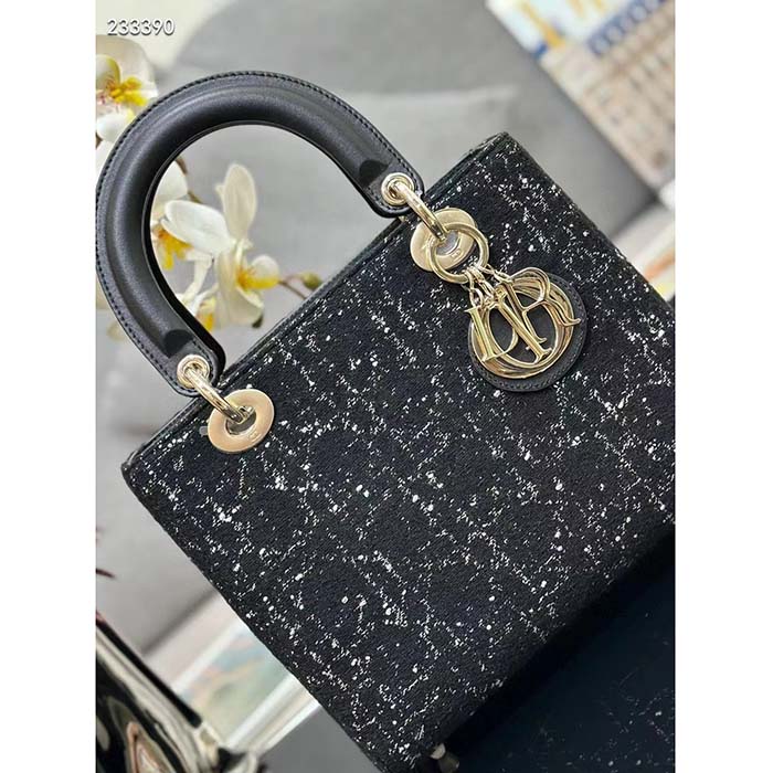Dior Women CD Medium Lady D-Lite Bag Black Cannage Tweed