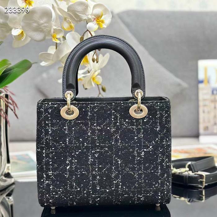 Dior Women CD Medium Lady D-Lite Bag Black Cannage Tweed