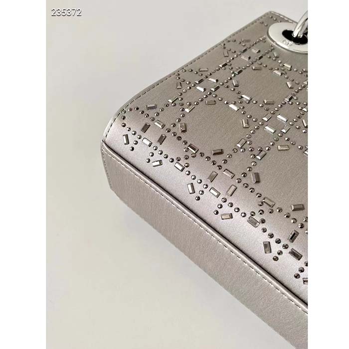 Dior Women CD Mini Lady Dior Bag Platinum Metallic Cannage Lambskin Beaded Embroidery
