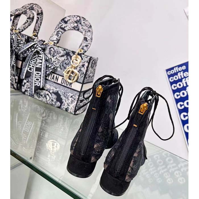 Dior Women CD Naughtily-D Ankle Boot Black Transparent Mesh Suede Embroidered Roses Motif
