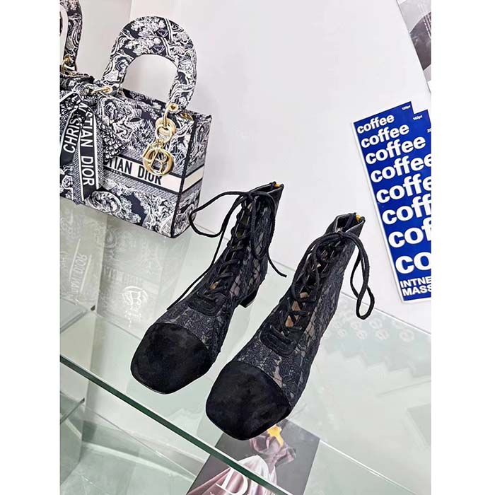 Dior Women CD Naughtily-D Ankle Boot Black Transparent Mesh Suede Embroidered Roses Motif
