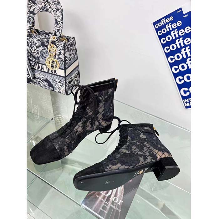 Dior Women CD Naughtily-D Ankle Boot Black Transparent Mesh Suede Embroidered Roses Motif