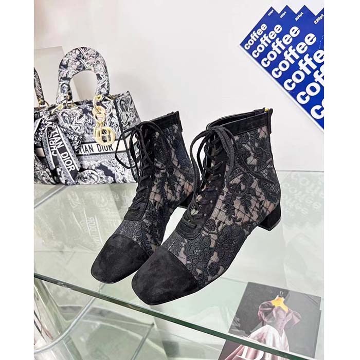 Dior Women CD Naughtily-D Ankle Boot Black Transparent Mesh Suede Embroidered Roses Motif