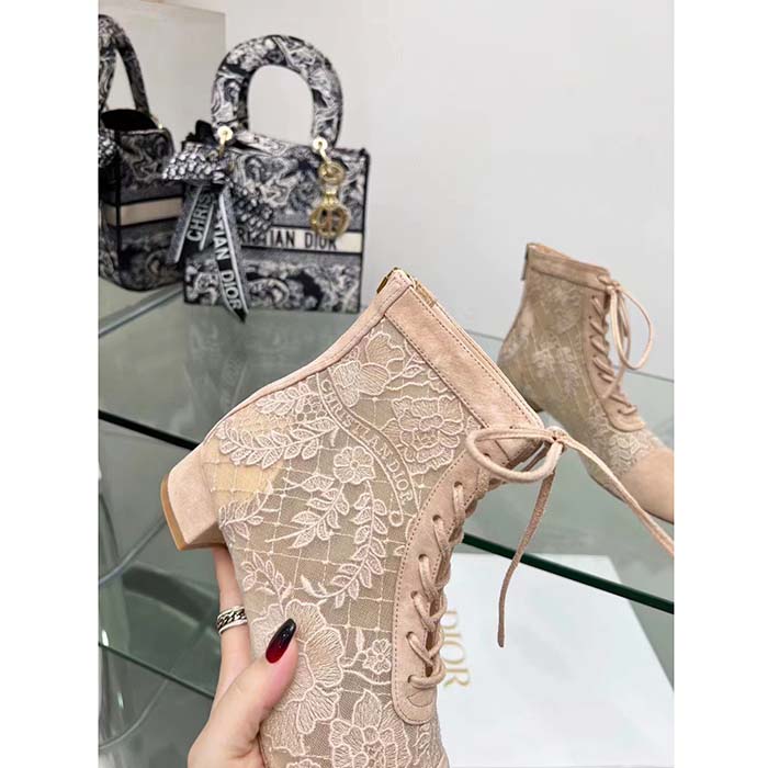 Dior Women CD Naughtily-D Heeled Ankle Boot Embroidered Signature Suede Calfskin Laces