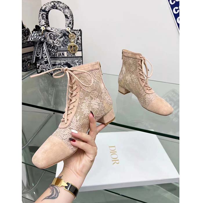 Dior Women CD Naughtily-D Heeled Ankle Boot Embroidered Signature Suede Calfskin Laces