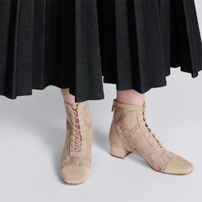 Dior Women CD Naughtily-D Heeled Ankle Boot Embroidered Signature Suede Calfskin Laces