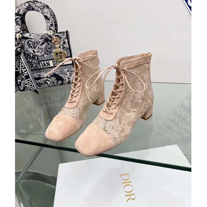 Dior Women CD Naughtily-D Heeled Ankle Boot Embroidered Signature Suede Calfskin Laces