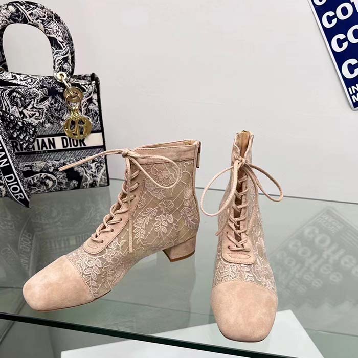 Dior Women CD Naughtily-D Heeled Ankle Boot Embroidered Signature Suede Calfskin Laces