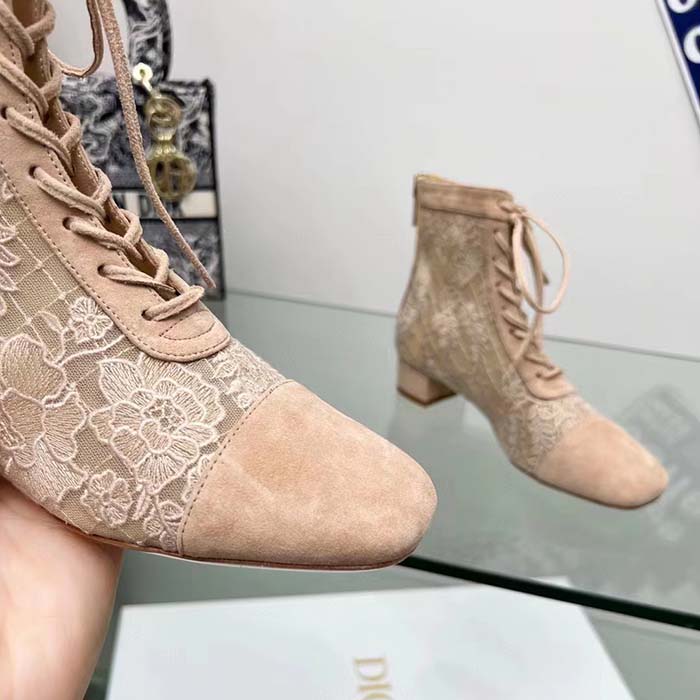 Dior Women CD Naughtily-D Heeled Ankle Boot Embroidered Signature Suede Calfskin Laces