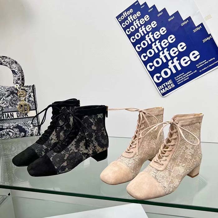 Dior Women CD Naughtily-D Heeled Ankle Boot Embroidered Signature Suede Calfskin Laces